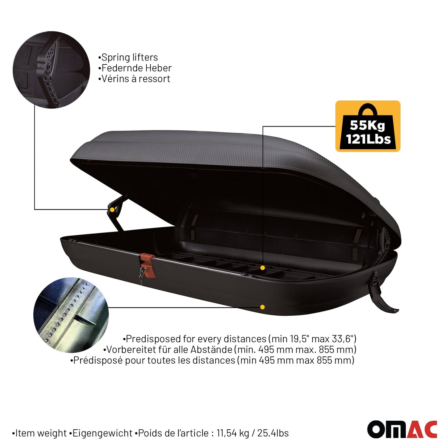 OMAC USA Roof Cargo Box for Car/SUV – 11.3 Cu Ft Rooftop Luggage Carrier – Carbon Fiber Textured (1 Pc)