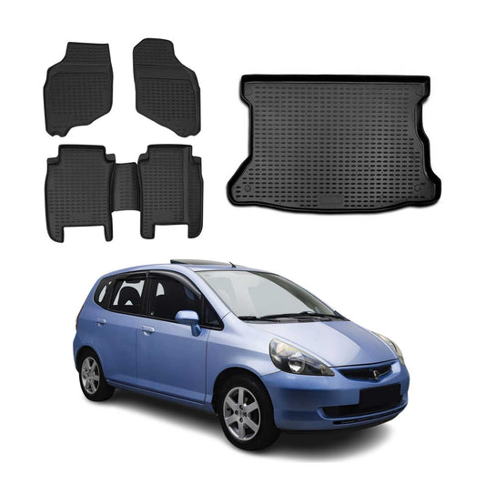 OMAC USA Floor Mats & Cargo Liner Set for Car – Fits 2006-2008 Honda Fit – Custom Fit All Weather TPE Rubber, Black (5 Pcs)