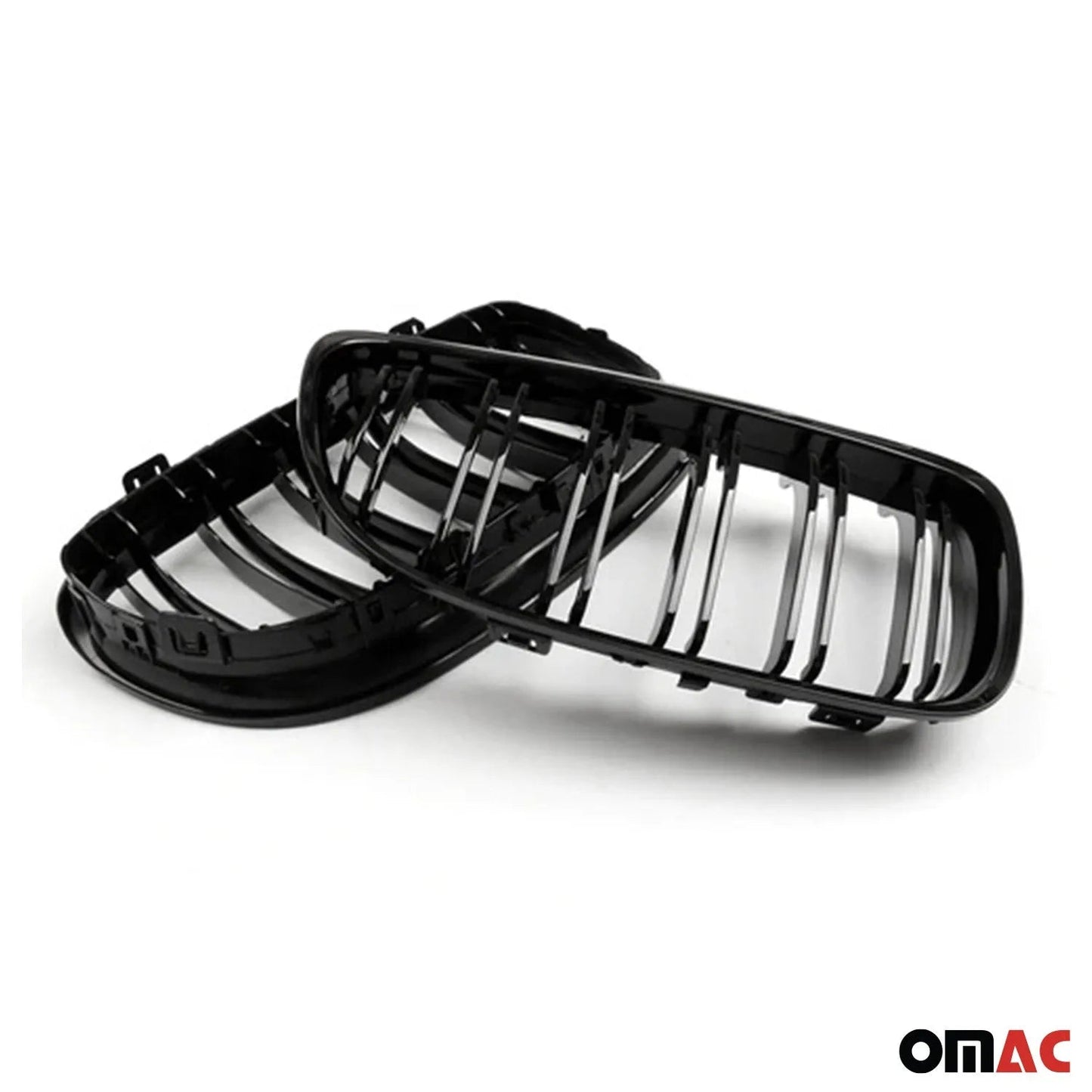 OMAC USA Front Kidney Grille for Sedan – Fits 2009-2012 BMW 3 Series E90 E91 E92 E93 – M3 Style Gloss Black Dual Slat (2 Pcs)
