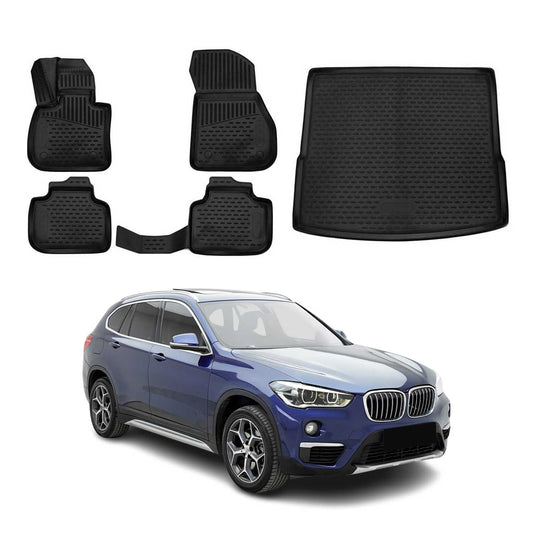 OMAC USA Semi-Custom Fit Floor Mats & Cargo Liner Full Set for SUV – Fits 2016–2022 BMW X1 F48 (Black, Waterproof)