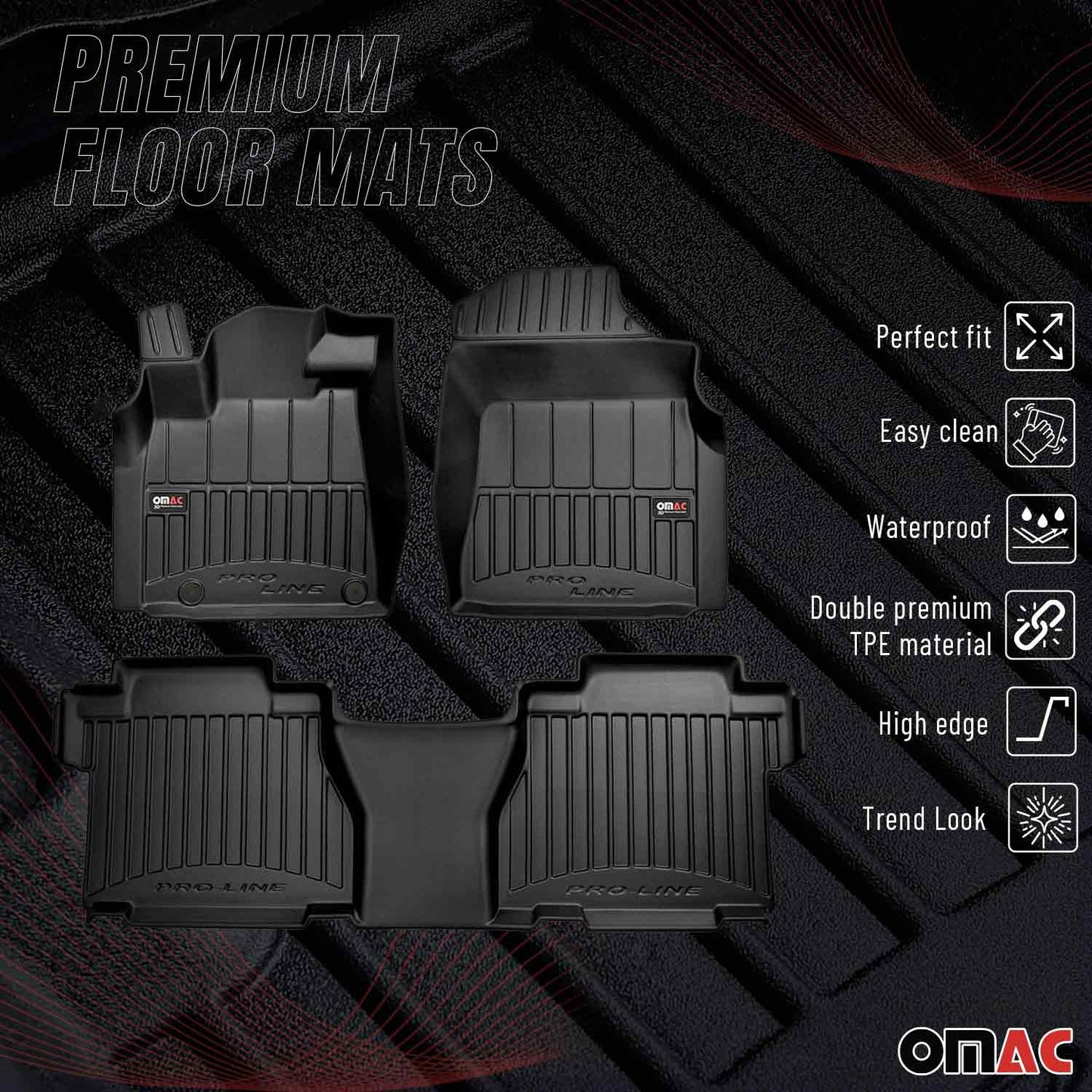 OMAC USA Floor Mats Liners Full Set All Weather Heavy Duty for Truck – Fits with 2007-2013 Toyota Tundra CrewMax – Black (4 Pcs)