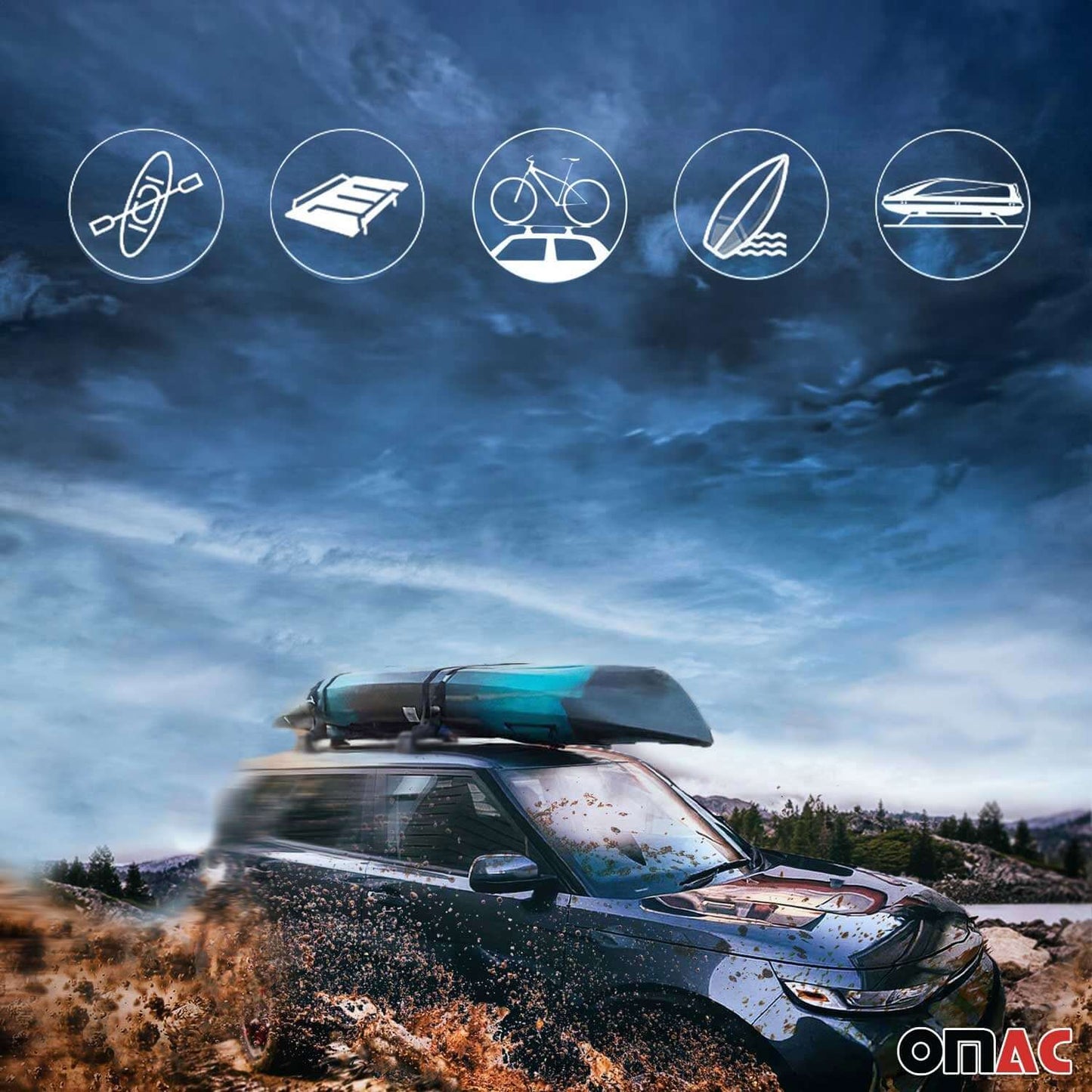 OMAC USA roof rack cross bars RAM ProMaster City with kayak, bike, surfboard, and cargo on vehicle.