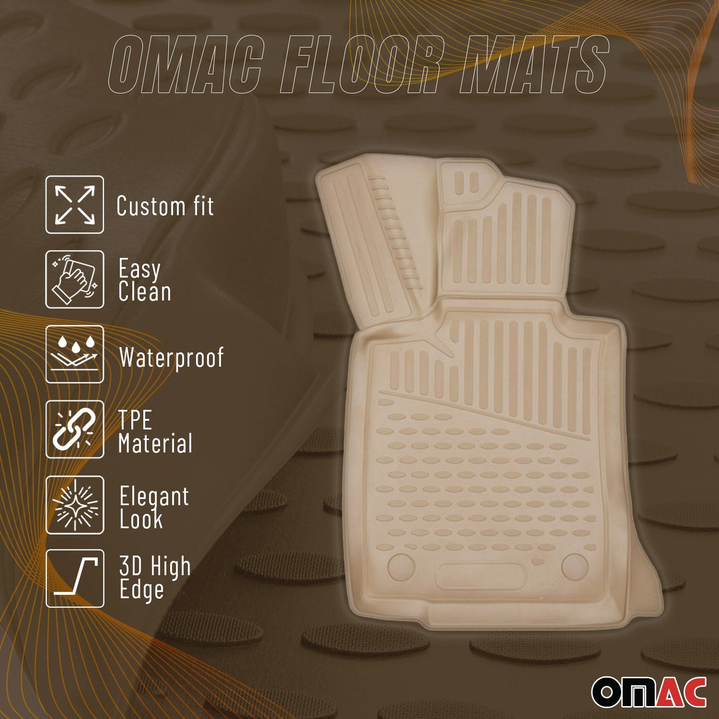 OMAC USA Floor Mats Liners Full Set All Weather for SUV – Fits with 2009-2017 Chevrolet Traverse (2nd Row Captain’s Chairs) – Beige (5 Pcs)
