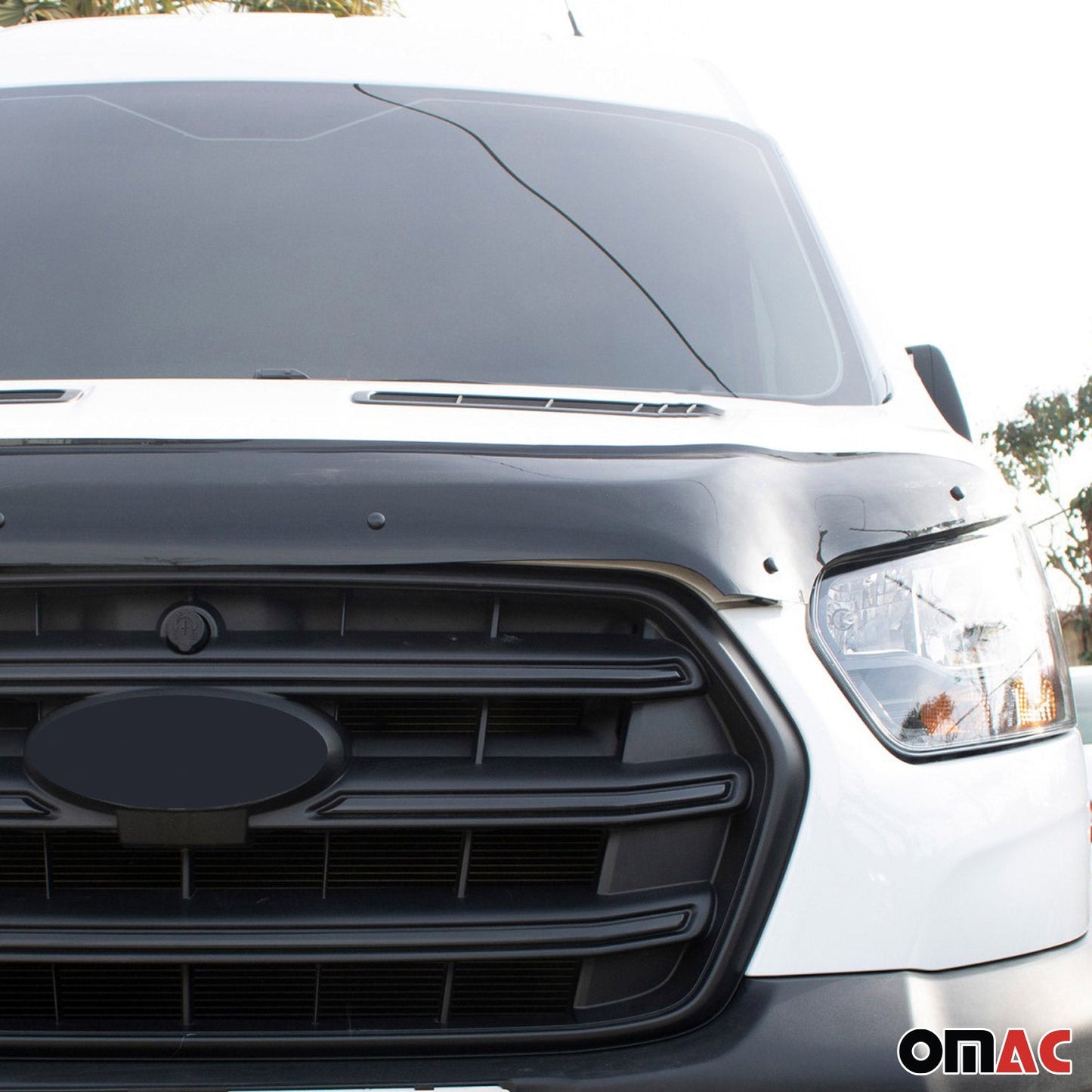 OMAC USA Front Bug Shield Hood Deflector for Van – Fits 2021-2025 Ford Transit – Smoke Black Acrylic (1 Pc)