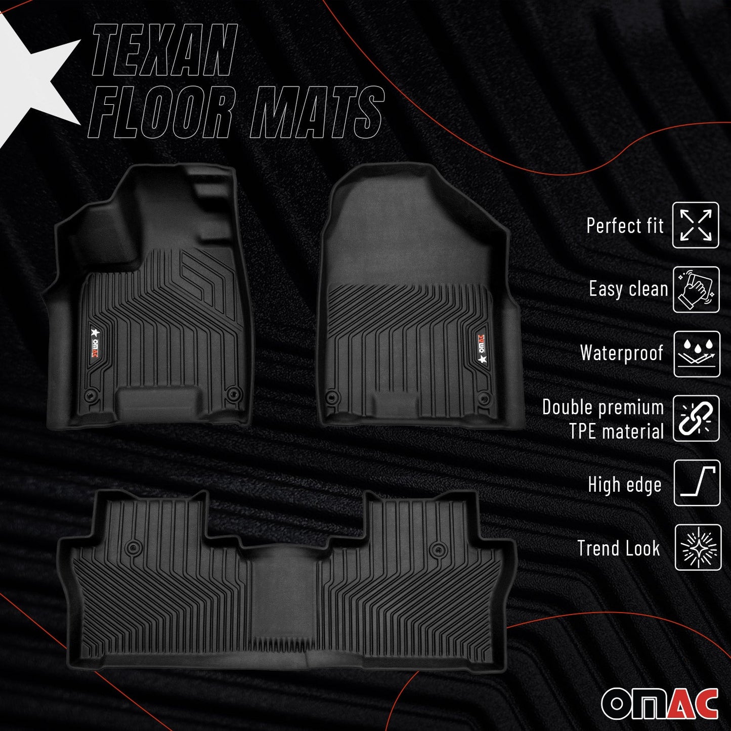 OMAC USA Premium Floor Mats for SUV – First & Second Row – fits with 2019–2025 Honda Passport – Black (3 Pcs)