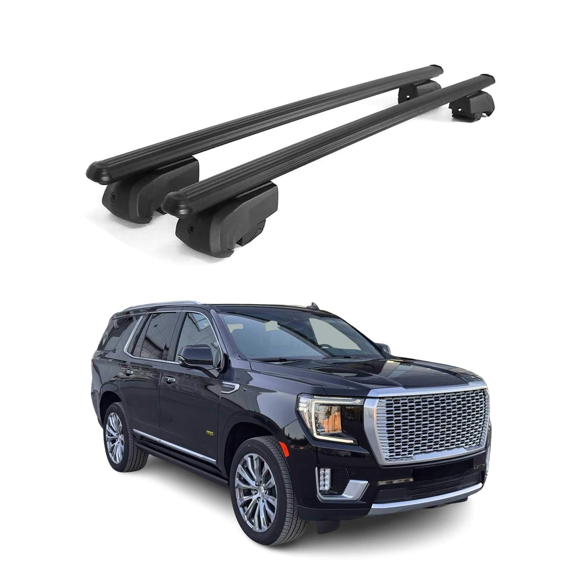 OMAC USA GMC Yukon roof rack cross bars in black, compatible with 2021-2025 Yukon models, shown above vehicle.
