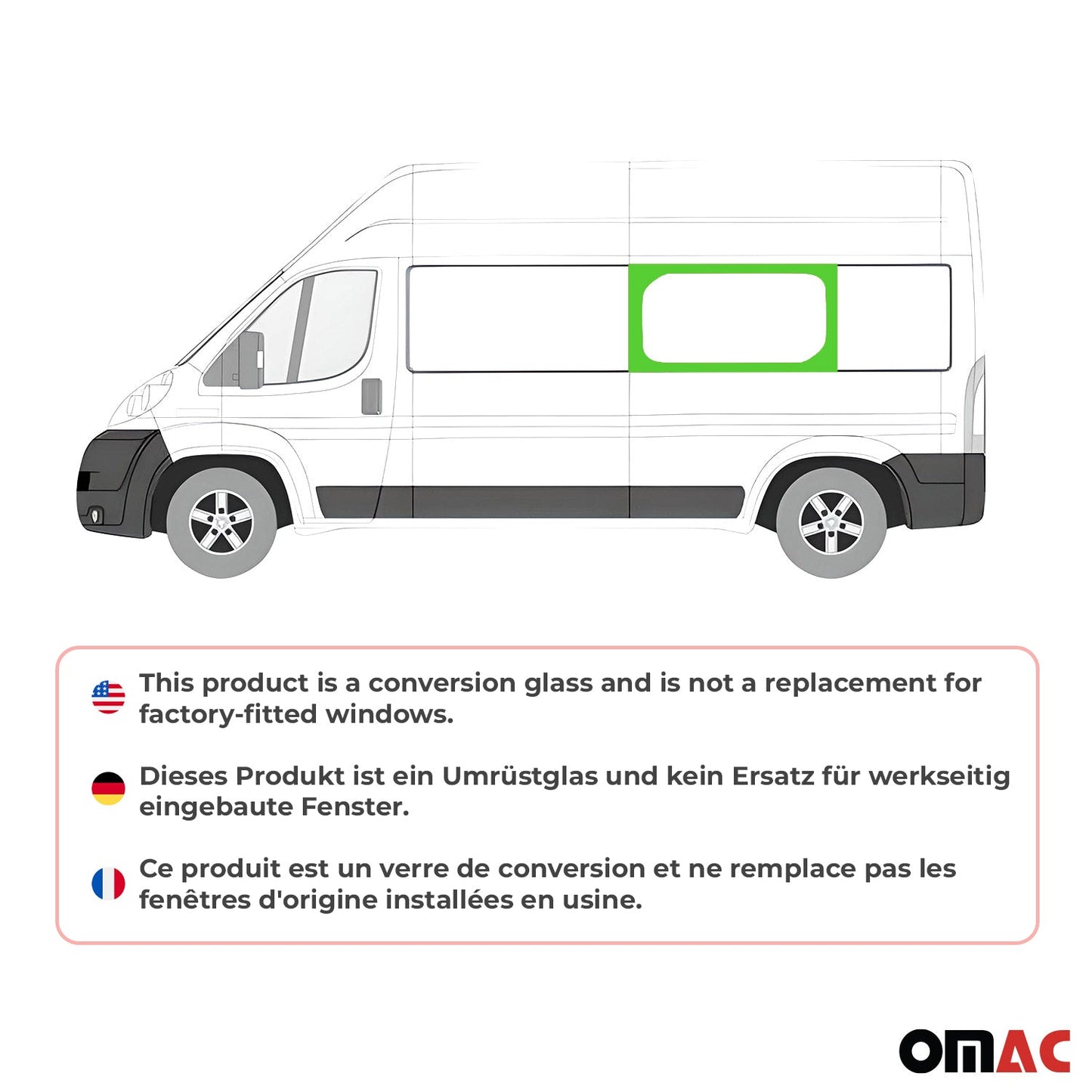 OMAC USA Mid Left Side Window Glass for Cargo Van – Fits 2014–2024 RAM ProMaster L3/L4 – Black Tempered Replacement Auto Glass (1 Pc)
