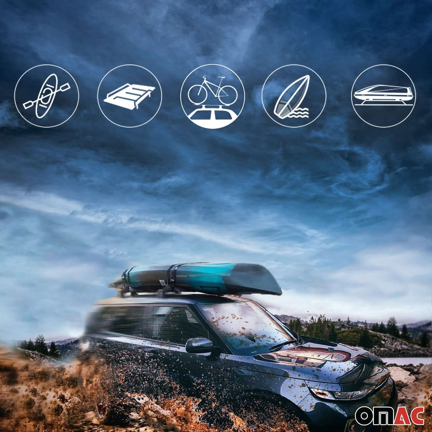 Mitsubishi Outlander Sport roof rack cross bars featuring kayak, ski, bike, surfboard, and cargo carrier icons.