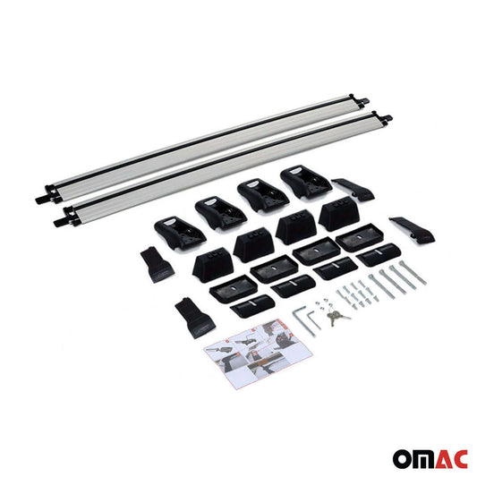 OMAC USA roof rack cross bars RAM ProMaster City parts and installation accessories displayed on a white background.