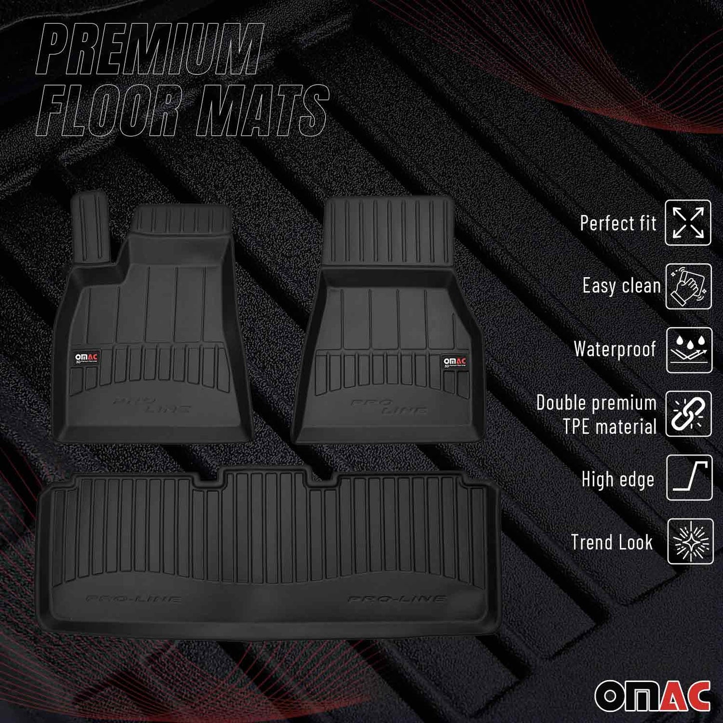 OMAC USA Premium Floor Mats Liners for Cars – Fits 2014-2020 Tesla Model S (Black, 3 Pcs, All Weather Heavy Duty)