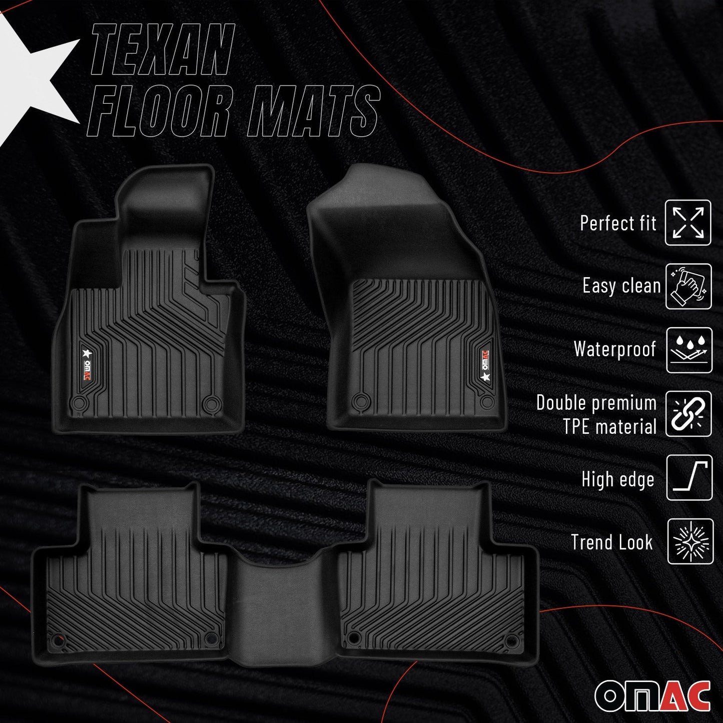 OMAC USA Premium Floor Mats for SUV – First & Second Row – fits with 2016–2025 Volvo XC90 – Black (3 Pcs)