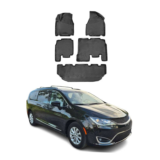 OMAC USA Floor Mats Liners Full Set All Weather for Minivan – Fits with 2017-2025 Chrysler Pacifica (7-Passenger, Non-Hybrid) – Black (5 Pcs)