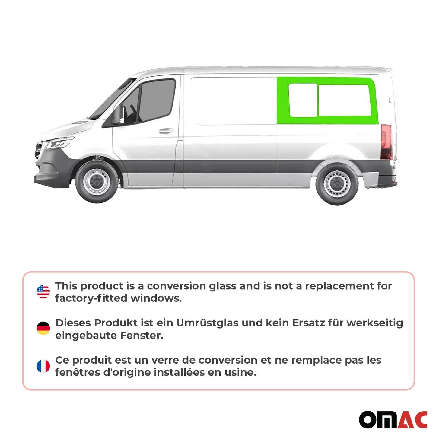 OMAC USA Sliding Rear Left Window Glass for Vans – Fits 2010–2018 Mercedes Sprinter W906 L2 (Black, 1Pc)