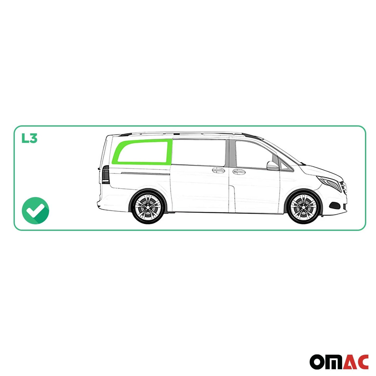 OMAC USA Right Side Rear Window Glass for Cargo Van – Fits 2016–2024 Mercedes Metris L3 Long Wheelbase – Black Tempered Replacement Auto Glass (1 Pc)