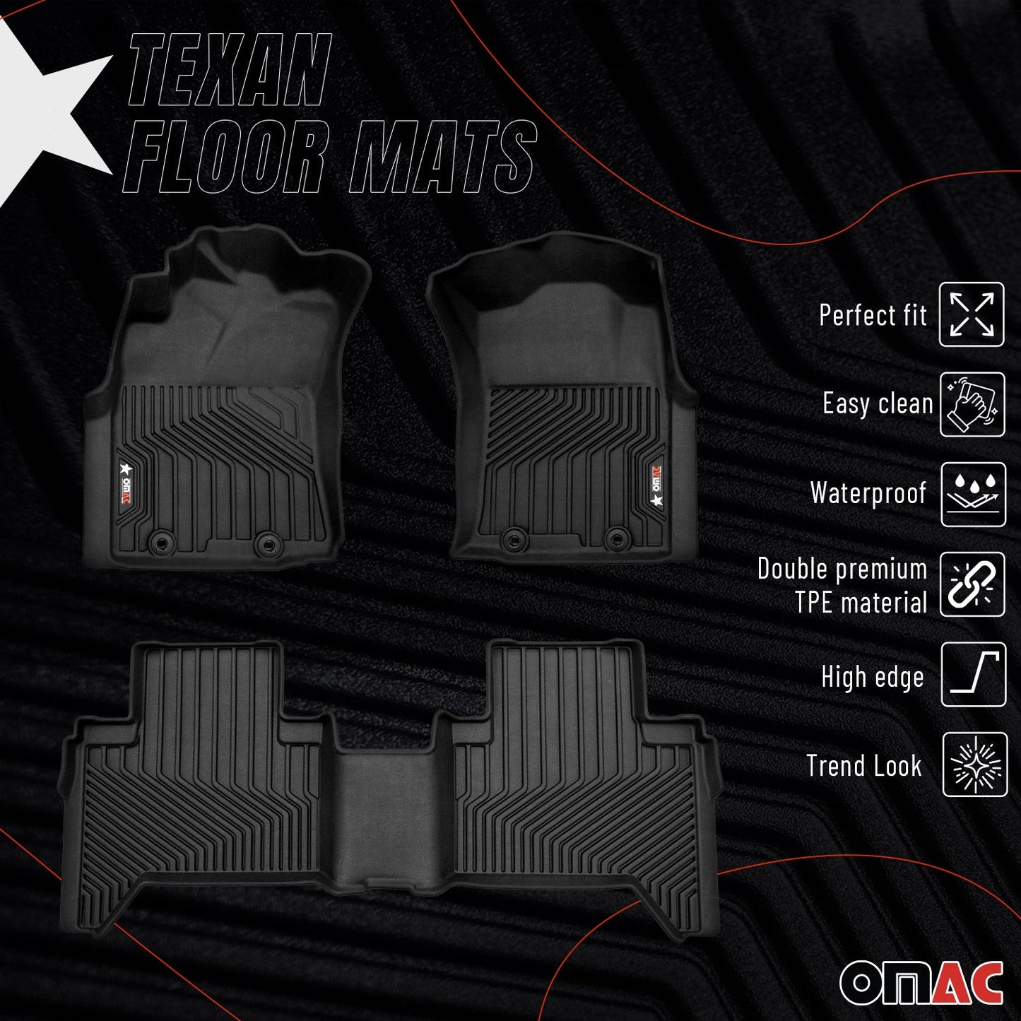 OMAC USA Premium Floor Mats Liners for Truck – Fits 2005–2015 Toyota Tacoma Double Cab – First & Second Row Set All Weather Heavy Duty Black (3 Pcs)