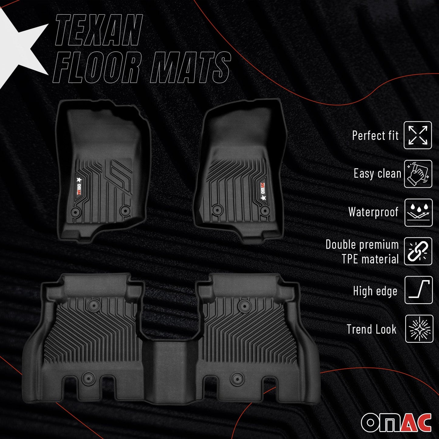 OMAC USA Premium Floor Mats Liners for SUV – Fits 2018–2025 Jeep Wrangler – First & Second Row Set All Weather Heavy Duty Black (3 Pcs)