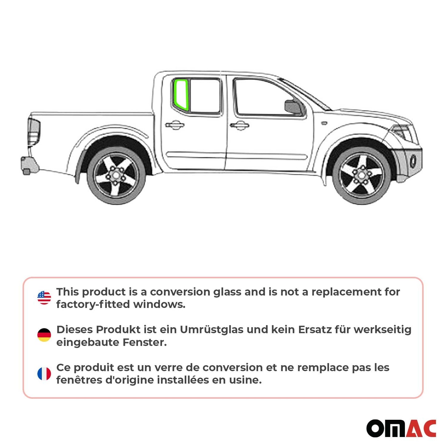 OMAC USA Rear Right Quarter Window Glass for Pickup Trucks – Fits 2005–2021 Nissan Frontier (Black, 1Pc)