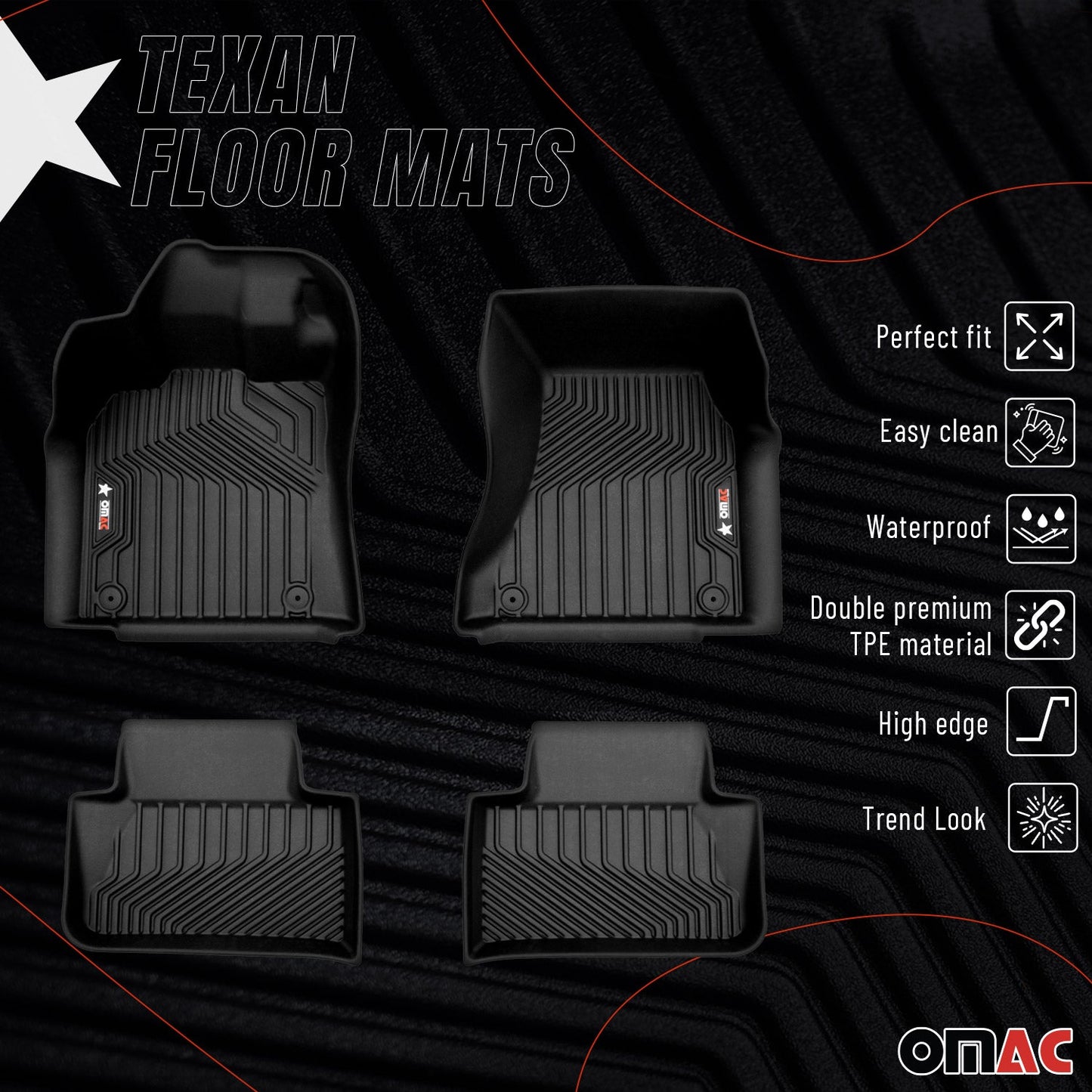 OMAC USA Premium Floor Mats for SUV – First & Second Row – fits with 2015–2025 Porsche Macan – Black (4 Pcs)