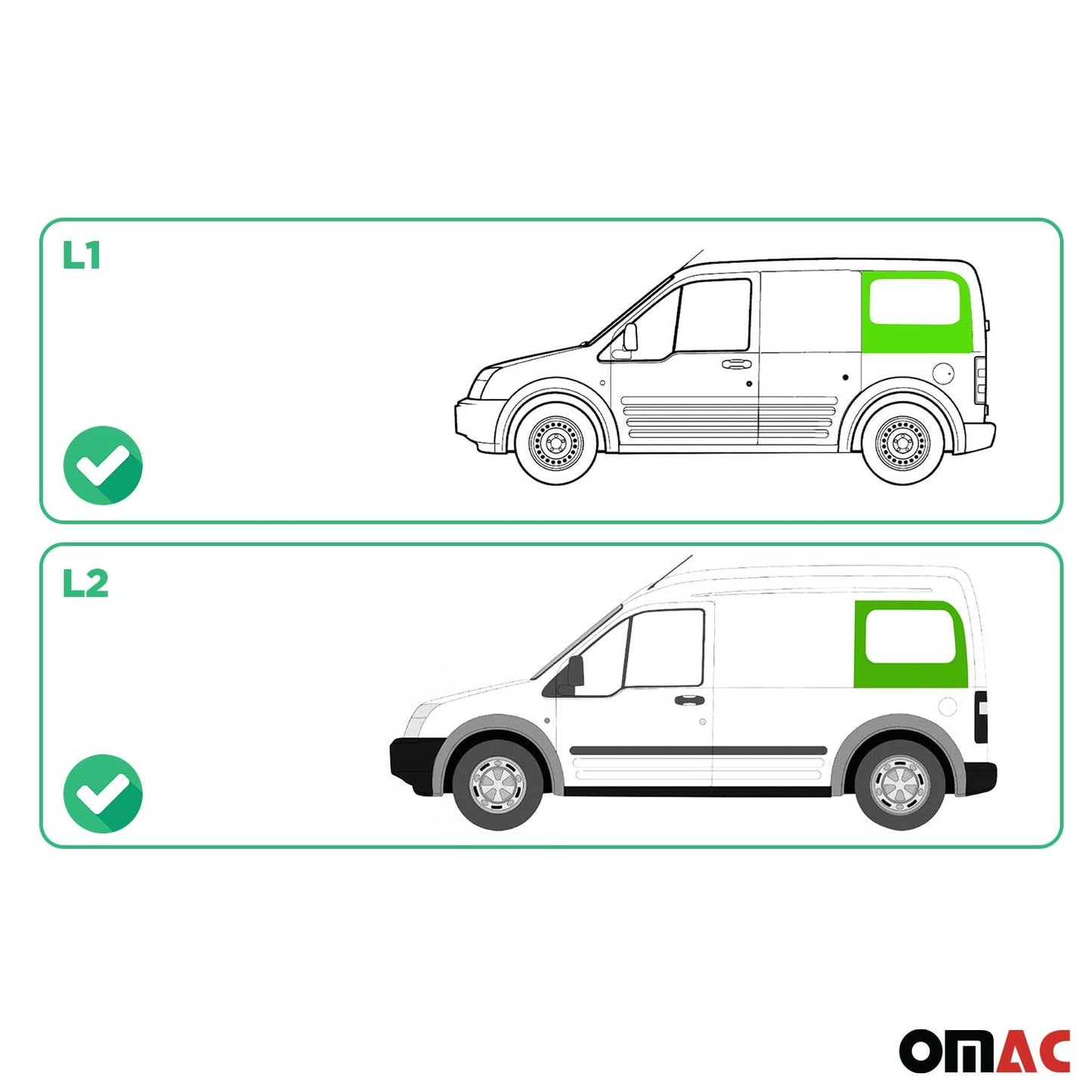 OMAC USA Rear Left Side Window Glass for Cargo Van – Fits 2010–2013 Ford Transit Connect L1/L2 – Black Tempered Replacement Auto Glass (1 Pc)