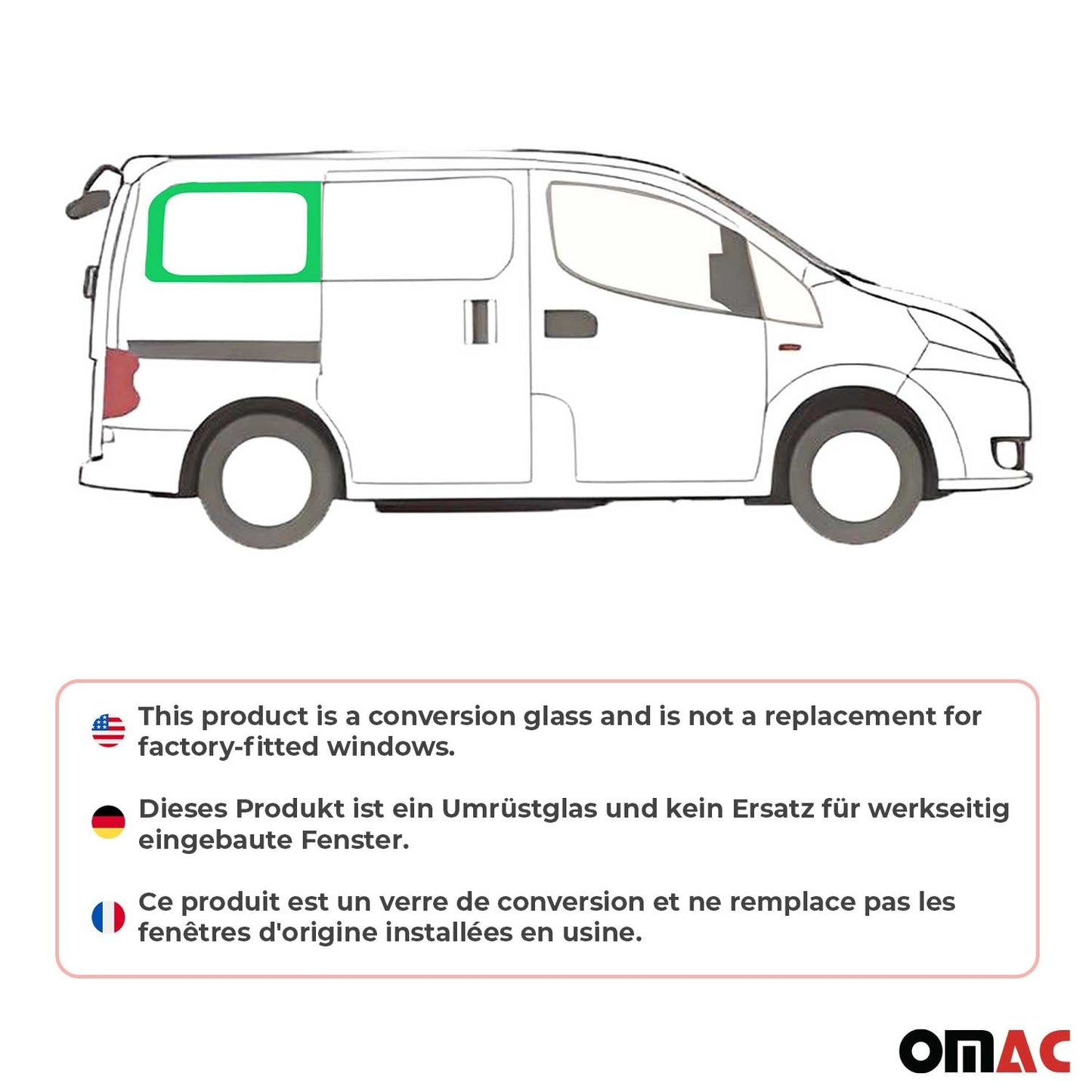 OMAC USA Rear Right Side Window Glass for Vans – Fits 2015–2018 Chevrolet Express L1 Short Wheelbase (Black, 1Pc)