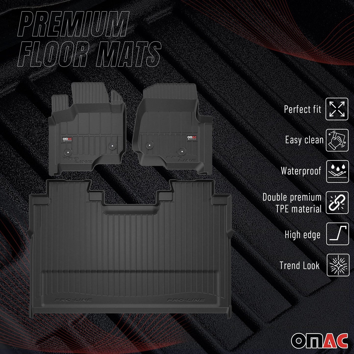 OMAC USA Premium Floor Mats Liners Full Set All Weather Heavy Duty for Truck – Fits with 2017-2025 Ford F-250 / F-350 / F-450 / F-550 Super Duty Crew Cab – Black (3 Pcs)