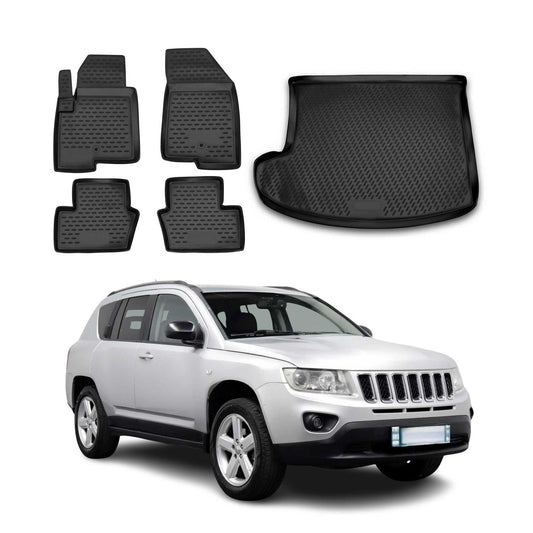 OMAC USA Floor Mats & Cargo Liner Set – Fits 2011-2016 Jeep Compass – Custom Fit All Weather Black TPE Rubber (5 Pcs)