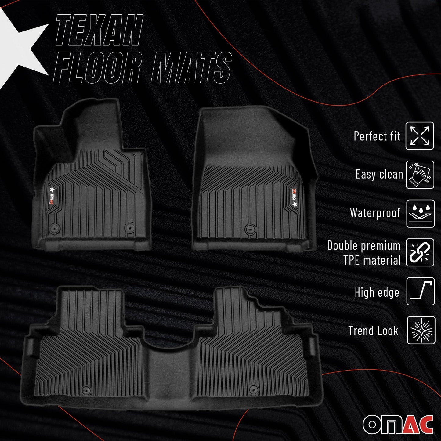 OMAC USA Premium Floor Mats Liners for SUV – Fits 2020–2025 Hyundai Palisade – Front & Rear All Weather Heavy Duty Black (3 Pcs)