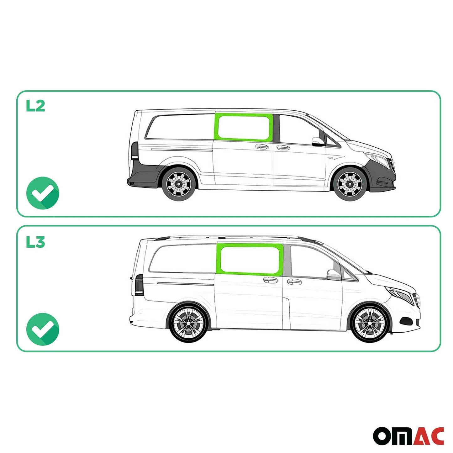 OMAC USA Right Side Front Window Glass for Cargo Van – Fits 2016–2024 Mercedes Metris L2/L3 – Black Tempered Replacement Auto Glass (1 Pc)