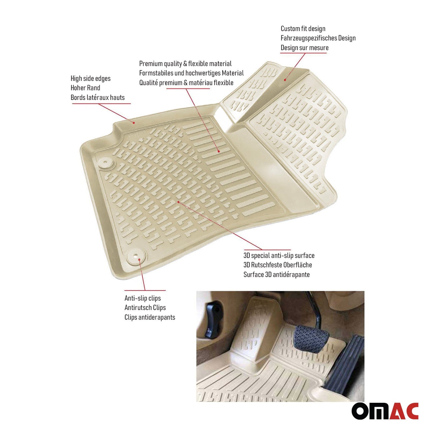 Omac USA Premium Rubber Floor Mats Liners for Cars – Fits with 2020-2025 Toyota Corolla Sedan (4 Pcs, All Weather, Beige)