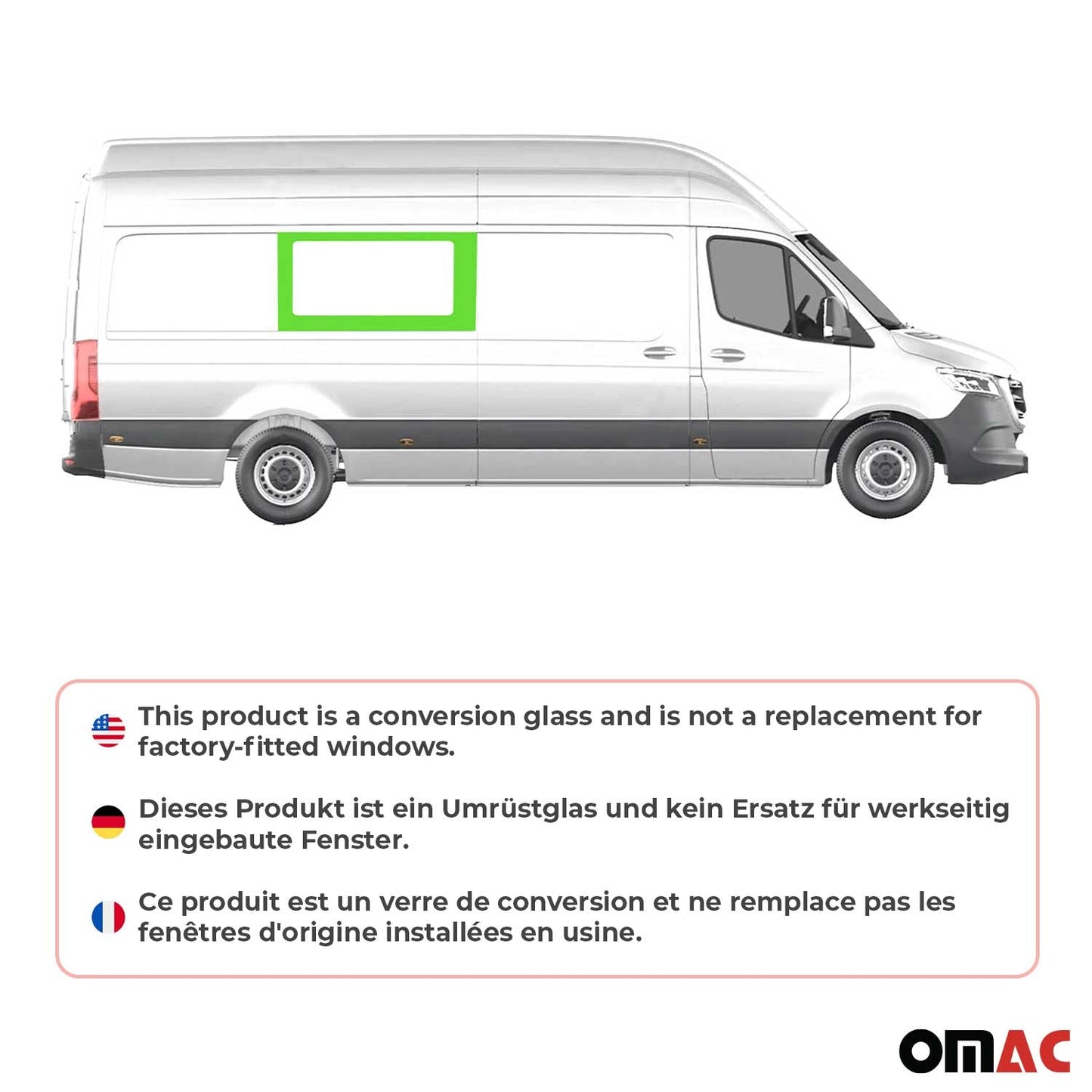 OMAC USA Mid Right Side Sliding Door Window Glass for Cargo Van – Fits 2010–2018 Mercedes Sprinter W906 L3/L4 – Black Tempered Replacement Auto Glass (1 Pc)