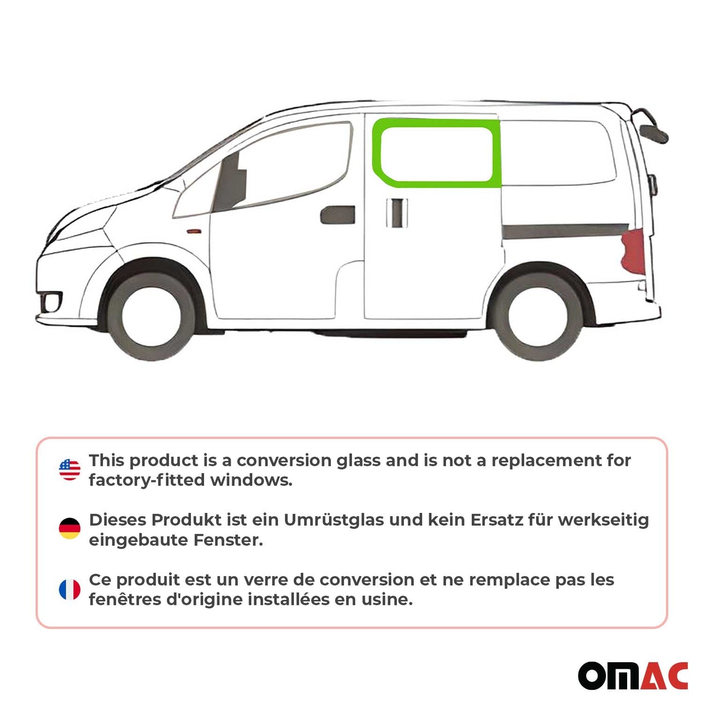 OMAC USA Front Left Sliding Door Window Glass – Fits 2015–2018 Chevrolet City Express L1 Short Wheelbase – Black Tempered Auto Glass (1 Pc)