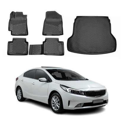 OMAC USA Floor Mats & Cargo Liner Set – Fits 2019-2024 Kia Forte – Custom Fit All Weather Black TPE Rubber (5 Pcs)
