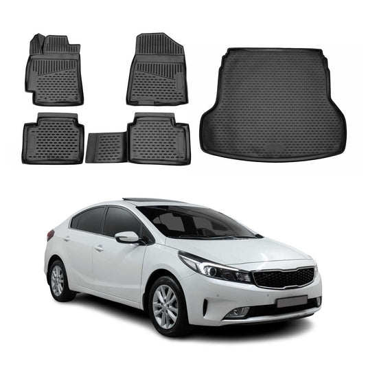 OMAC USA Floor Mats & Cargo Liner Set – Fits 2019-2024 Kia Forte – Custom Fit All Weather Black TPE Rubber (5 Pcs)