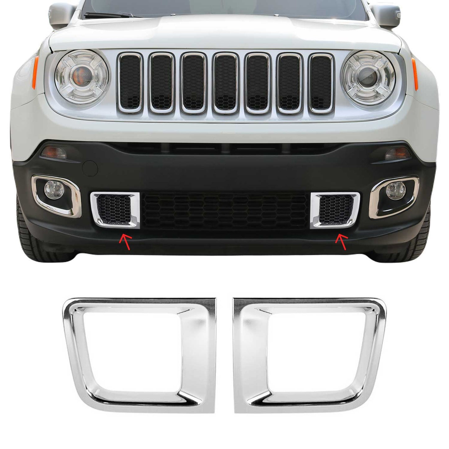 OMAC USA Front Bumper Grill Frame Molding Trim – Fits 2015–2018 Jeep Renegade – ABS Chrome, Silver, 2 Pcs