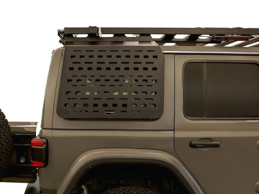 Jeep Wrangler JLU rear window Molle panel showcasing a practical storage solution in black.