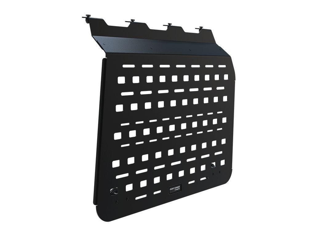 Jeep Wrangler JLU rear window Molle panel mounted on a 4-door Jeep with grid design for storage.