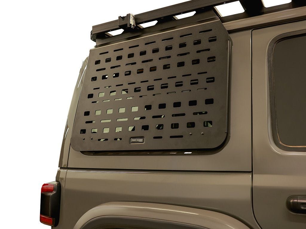 Jeep Wrangler JLU rear window Molle panel showcasing storage solution for 4-door models.