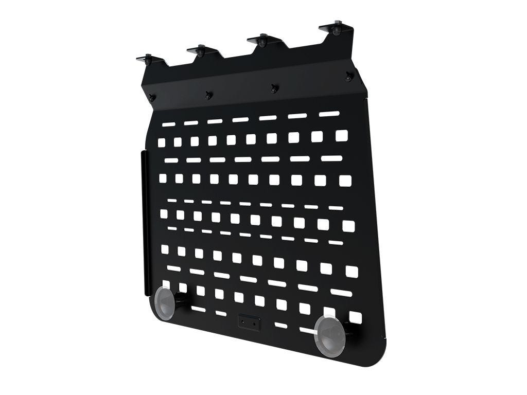 Jeep Wrangler JLU rear window Molle panel installed on a black Jeep Wrangler with rear spare tire.