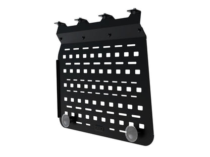 Jeep Wrangler JLU rear window Molle panel installed on a black Jeep Wrangler with rear spare tire.